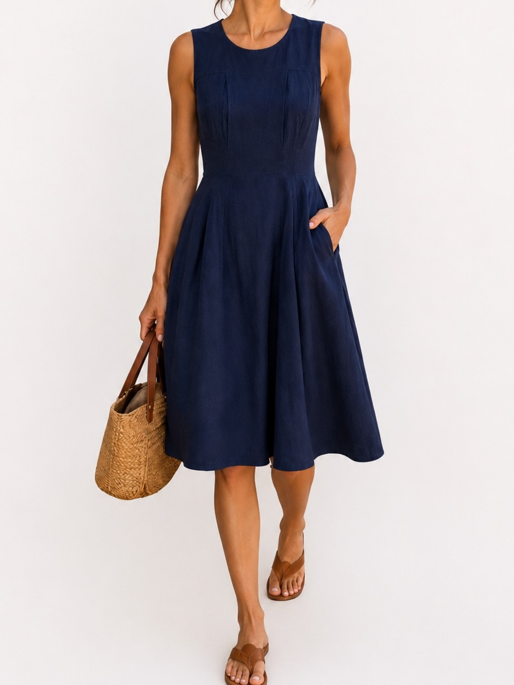 Theory Navy Linen Blend Fit Flare Dress Quiet Luxury Sleeveless Size 6